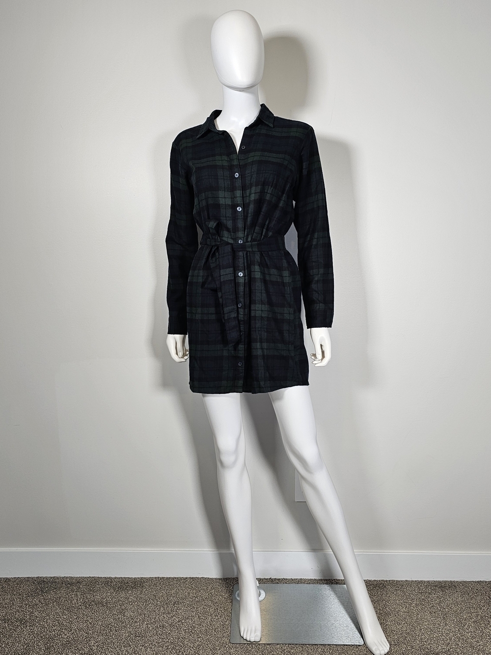 Abercrombie & Fitch NWT Dark Green & Black Plaid Waist Tie Shirt Dress Sz XS